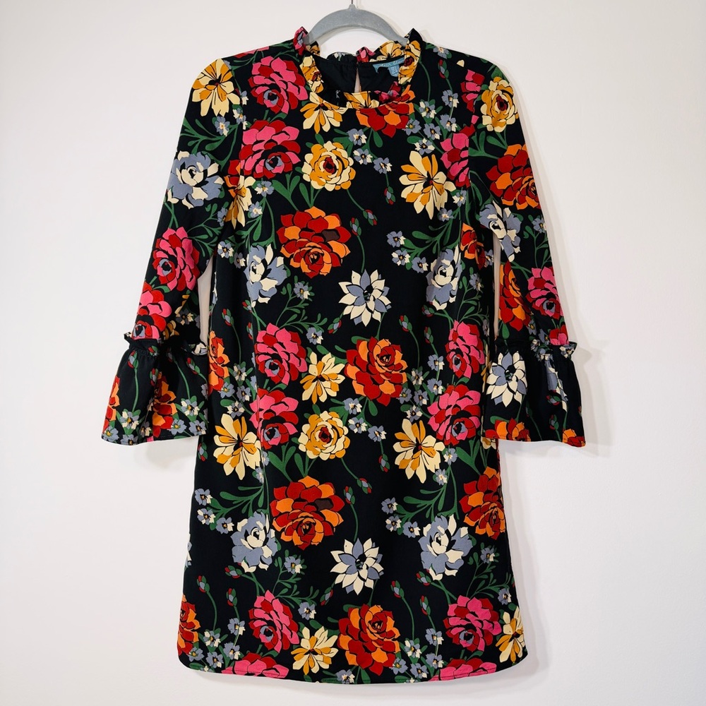 Fleur Bleue black floral boho mini shift dress w/ ruffle mock neck & sleeves • 2